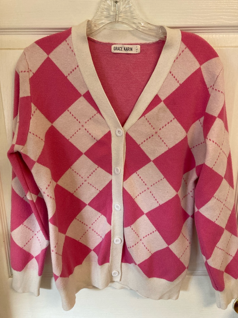 Grace Karin Pink and Cream Argyle V‑Neck Button Cardigan